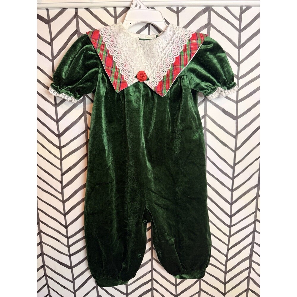 Vintage Little Precious Green Velvet White Lace Jumpsuit Baby Girls 18M 5008